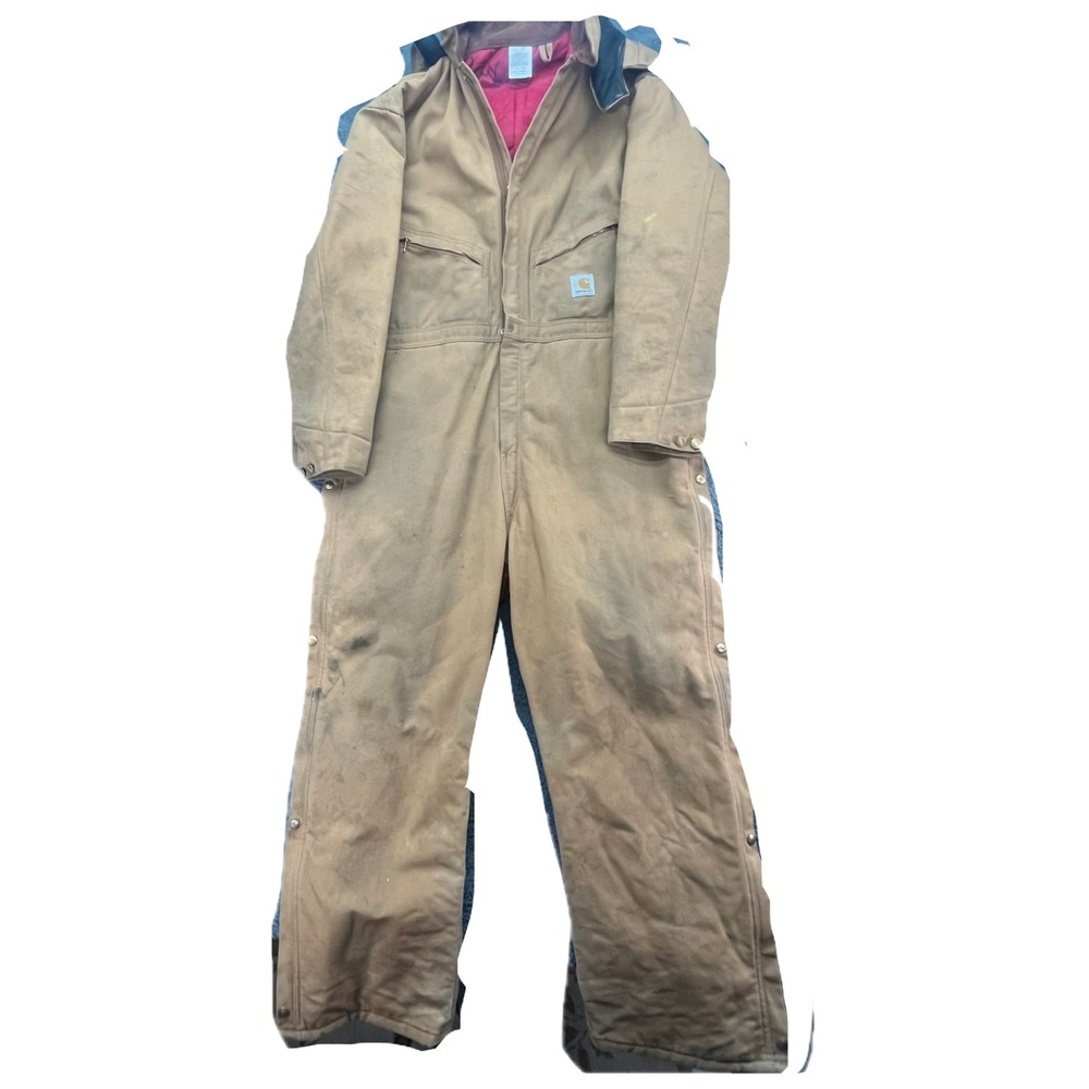 Carhartt Men's Tan Insulated Work Bib Overalls Full Zip Hooded Size 48 Regular